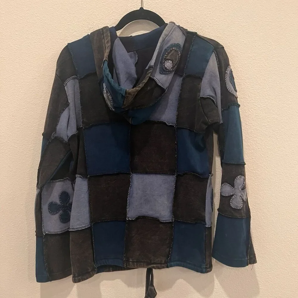 Cotton Jacket Stonewash Hippie Boho  Emo Funky Patchwork Pixie Zip Hoodie Sz M - Picture 4 of 6